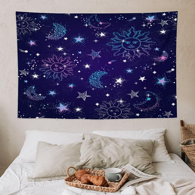 HZOHNAGO Boho Sun Moon Tapestry Purple Blue Sun Stars Galaxy Pattern Printed Wall Tapestry Wall Hanging for Bedroom Living Room Dorm 60" W x 40" H-Ruum Studio Home