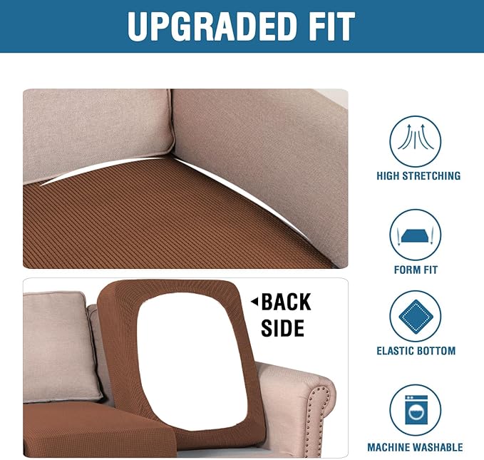H.VERSAILTEX Super Stretch Individual Seat Cushion Covers - Sofa & Couch Cushion Slipcover Sets - Thick Jacquard Textured Twill Fabric (3 Piece, Caramel)-Ruum Studio Home