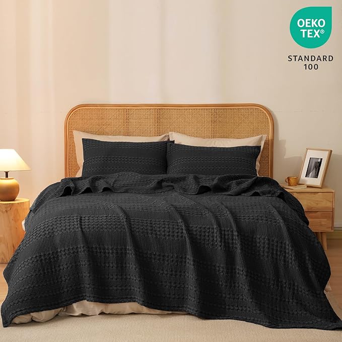 PHF 100% Cotton Waffle Weave Blanket King Size, Soft Lightweight Breathable Cozy Summer Blankets for Bed, Luxury Aesthetic Woven Bedding for Home Decor, 108"x90", Black-Ruum Studio Home