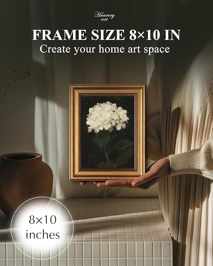 HUARCEY Gold Framed Vintage Wall Art for Living Room, Flowers Painting Canvas Prints Shelf Decor for Kitchen, Aesthetic Bedroom Wall Art, Christmas Gifts for Friends or Family (White Hydrangea 8"x10")-Ruum Studio Home