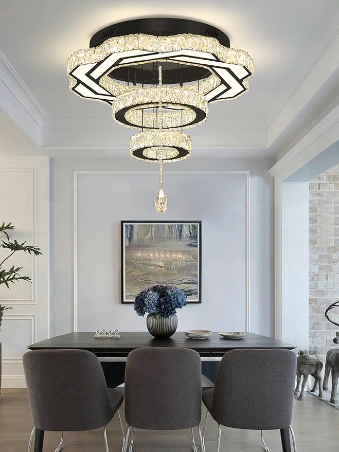 Flashing God Modern Crystal Chandeliers Dia 24" Black Chandelier Flush Mount Ceiling Light for Bedroom Living Room Dining Room Hallway Dimmable 3 Rings LED Celing Lighting Fixtures-Ruum Studio Home