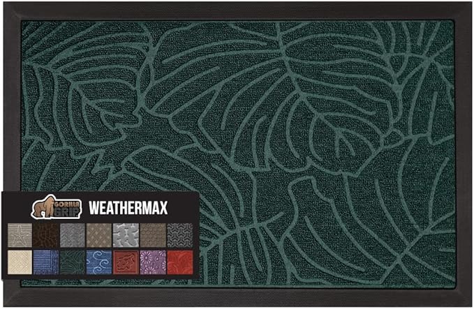 GORILLA GRIP 100% Waterproof All-Season WeatherMax Doormat, 60x24, US Designed Natural Rubber, Stain and Fade Resistant, Low Profile Indoor Outdoor Door Mats, Easy Clean Patio Mat, Green Palm-Ruum Studio Home