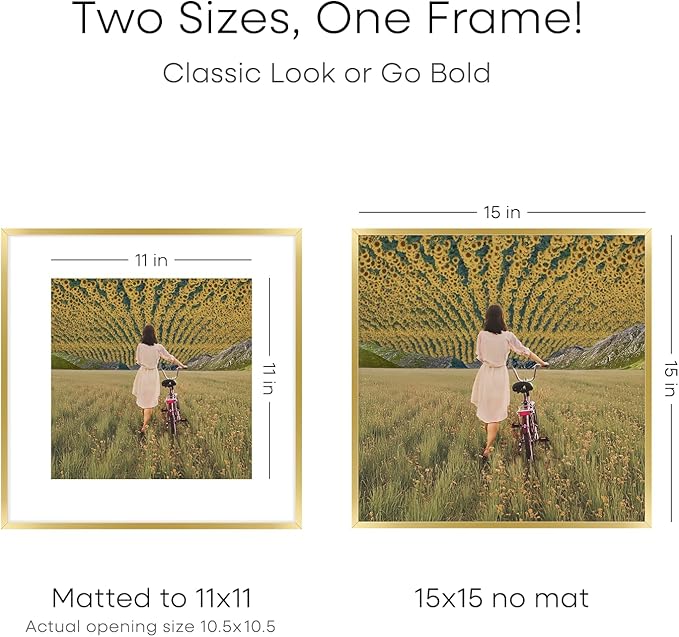 Homeforia 15x15 Picture Frame Gold, High End Metal 15 x 15 Square Poster Frame with Mat 11 x 11 Photo, 15x15 Frame Matted to 11x11 Print, 15by15 Gold Hanging Frames, Tempered Glass, Wall Kit, Set of 1-Ruum Studio Home