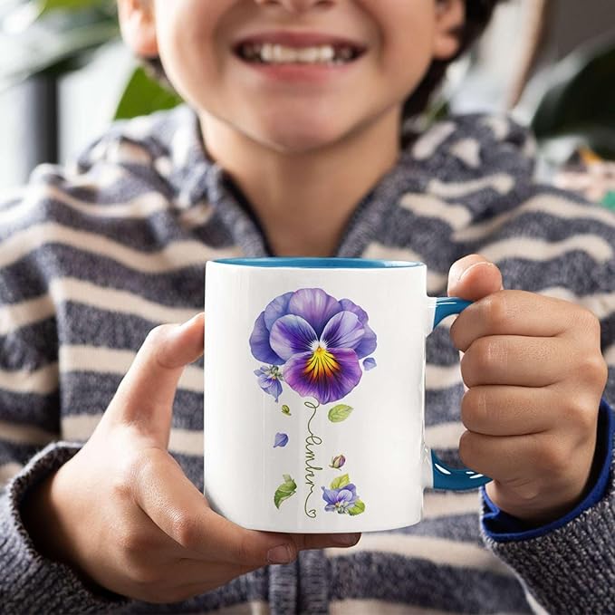 Pansy Design Ceramic Cup, Personalized Name Flower Themed Mug, Custom Coffee Cup For Pansy Flower Lover, Customized Floral Accent Mug 11oz 15oz, Pansy Cup Gift For Daughter-Ruum Studio Home