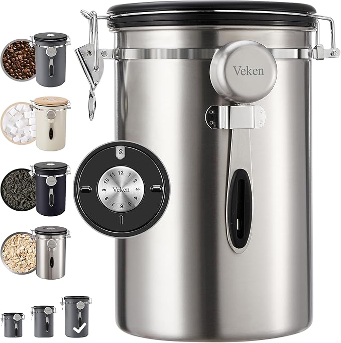 Veken Coffee Canister, 39OZ Large, Airtight Stainless Steel Food Storage Container for 2.2lbs Coffee Beans, Ground, Sugar, Tea, Flour, Rice, Cereal, Cookies Jars, Bar Accessories & Gifts, Silver-Ruum Studio Home