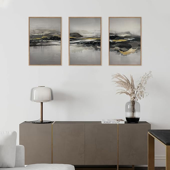 Modern Abstract Framed Canvas Wall Art Set, Neutral Minimalist Wall Decor, Modern Abstract Wall Painting, Minimalist Artworks for Living Room, Bedroom, Dining Room, Office - 16"x24"x3-Ruum Studio Home