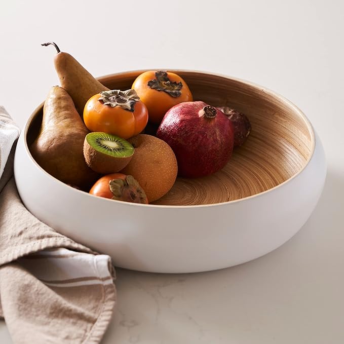 Fruit Bowl For Kitchen Counter, Decorative Bowl, Large Serving Bowl Or Fruit Basket For Kitchen Spun Bamboo (White)-Ruum Studio Home