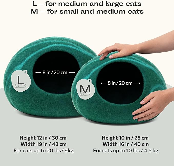 MEOWFIA Cat Cave – Premium Felt Cat Bed for Indoor Cats, Handmade 100% Merino Wool (Medium, Emerald)-Ruum Studio Home