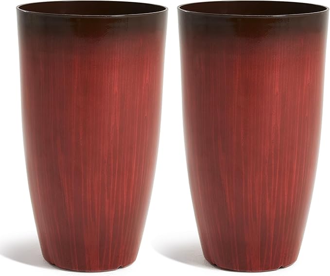 Worth Garden 20" H. Plastic Planters - Set of 2 Gradient Red Glossy Smooth Finish - Tall Plant Pots Drain Hole for Indoor Outdoor Use - Decorative Lightweight Flower Pots for Front Porch, Patio, Deck-Ruum Studio Home