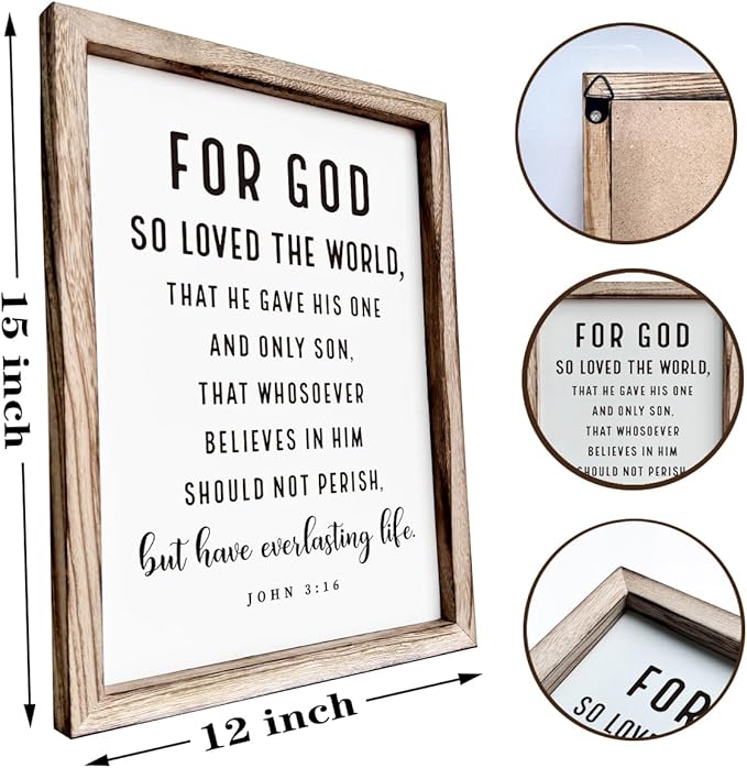 Christian Wooden Sign, Living Room Decors, Bible Verse Decor, Rustic Home Decor, Religious Artwork for Wall, Framed Wall Plaque Sign 15 * 11.5 inches, For God So Loved the World-Ruum Studio Home