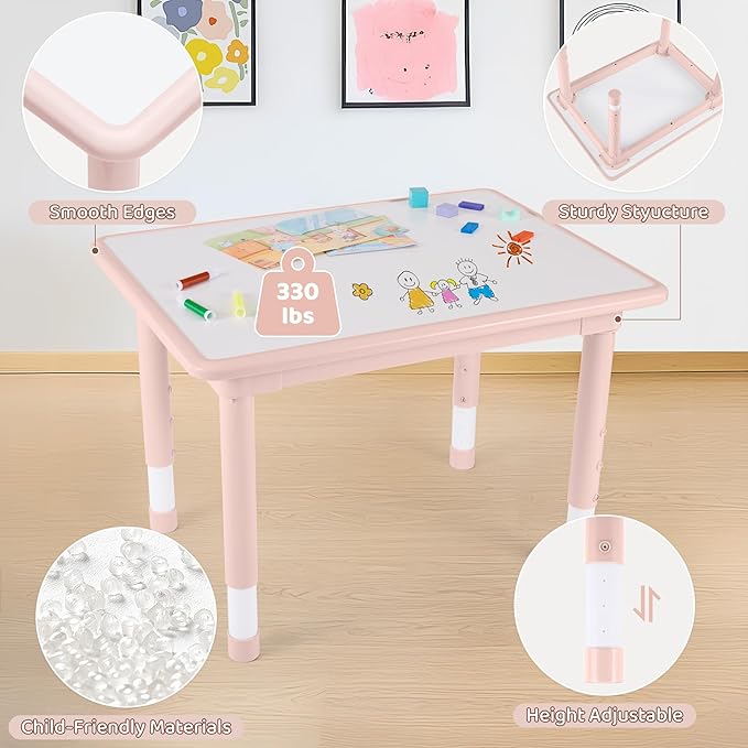 Kids Table and 2 Chairs Set, Height Adjustable (17.7"-26.1") Toddler Table and Chair Set, Multi-Activity Table with Graffiti Desktop, Children’s Table and Chairs for Classroom, Home & Daycare-Ruum Studio Home