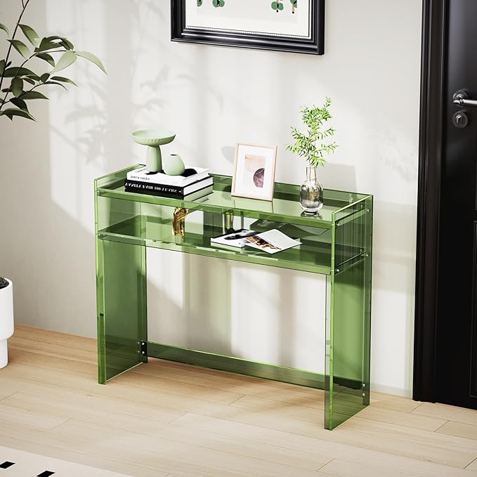 Acrylic Console Table, Entryway Table with Storage Shelves (Green)-Ruum Studio Home