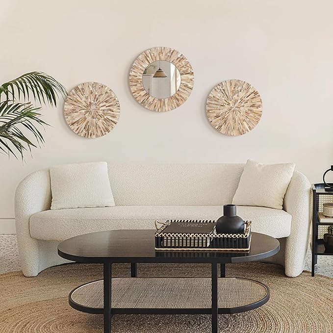 TEIPAI Boho Decorative Mirror for Living Room, 3PCS Handcrafted Mother of Pearl Mirror Wall Decor for Home Dorm Apartment Hallway Staircase, Mosaic Art Plates for Wedding Decoration (Dark Brown)-Ruum Studio Home