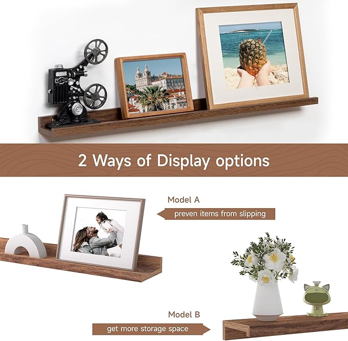 Fun Memories Picture Ledge Shelf, 36 Inch Floating Shelves Set of 2, Nursery Book Shelves for Toys Storage, Kids Bookshelf Wall Mounted for Wall Decor Books Photo Frames, Walnut-Ruum Studio Home