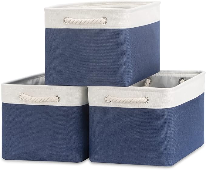 Bidtakay Storage Baskets Collapsible [3-Pack] Decorative Storage Bins with Cotton Rope Handles 15 X 11 X 9.5 Inch Organizing Baskets for Shelves Clothes Closet Navy Blue Baskets for Gifts Empty-Ruum Studio Home