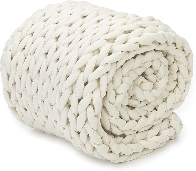 Nuzzie Chunky Knit Blanket - Breathable, Cooling, Hand Made Knit Throw Blanket for Sleep - Machine Washable, Stylish Decor Design (Cream, Full | 16lbs | 48"x72")-Ruum Studio Home