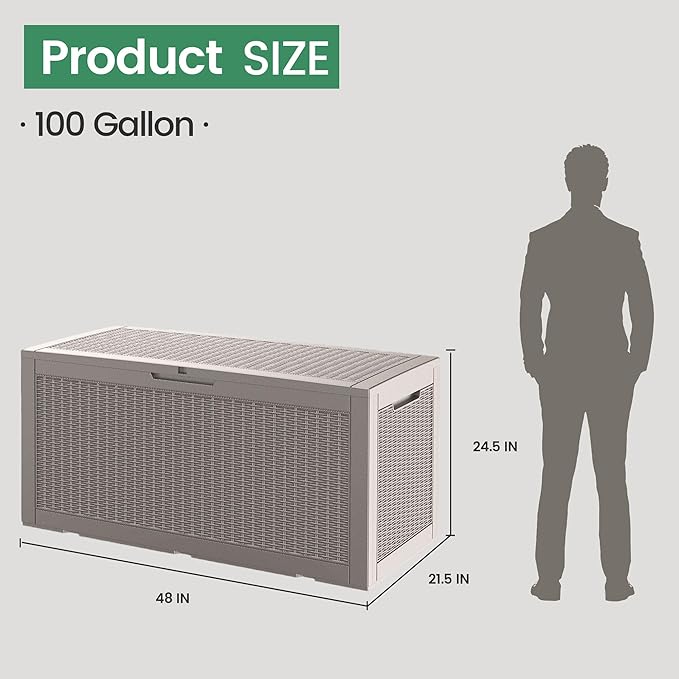 100 Gallon Storage Box, Waterproof Resin Deck Box with Hydraulic Piston Design, Lockable Storage Bench for Package Delivery, Storage Bin for Patio Cushions, Garden Tools, Grey-Ruum Studio Home