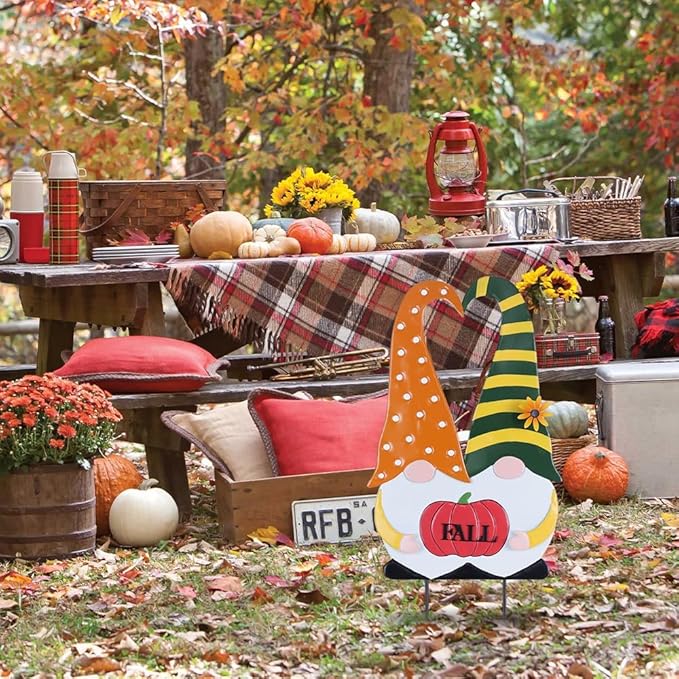 YEAHOME Outdoor Fall Decor, 2 Gnomes Decorative Garden Stake with Pumpkin for Fall Decorations, Autumn Metal Yard Signs for Home Outside Garden Porch Lawn, Thanksgiving Decorations Outdoor (YHMD-478)-Ruum Studio Home
