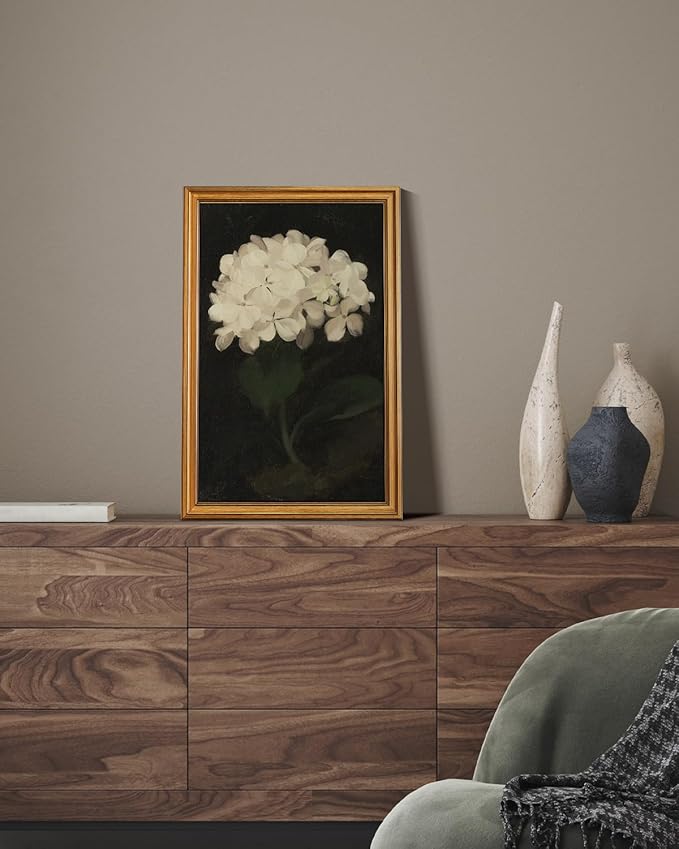 HUARCEY Gold Framed Vintage Wall Art for Living Room, Flowers Painting Canvas Prints Shelf Decor for Kitchen, Aesthetic Bedroom Wall Art, Christmas Gifts for Friends Family (White Hydrangea 16"x24")-Ruum Studio Home