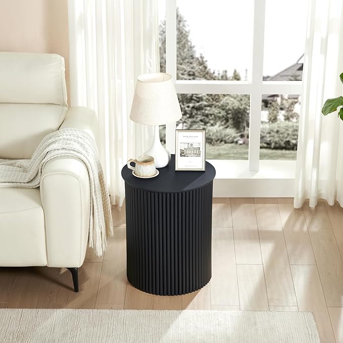 AVZEAR Fluted Round Side Table Small Mid Century End Table, 17.7" Fluted Nightstands Modern Circle Bedside Tables, Black Wood Night Stand for Small Spaces, Living Room, Bedroom (Black)-Ruum Studio Home