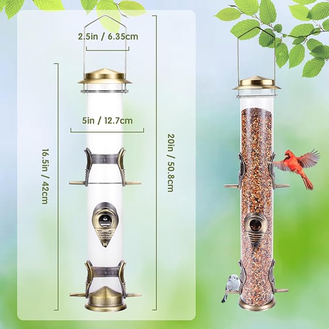 MIXXIDEA 2PK Metal Wild Bird Feeder Squirrel Proof Bird Feeders for Outside Hanging 6 Port Tube Bird Feeder Transparent Finch Feeder with Steel Hanger (Bronze)-Ruum Studio Home