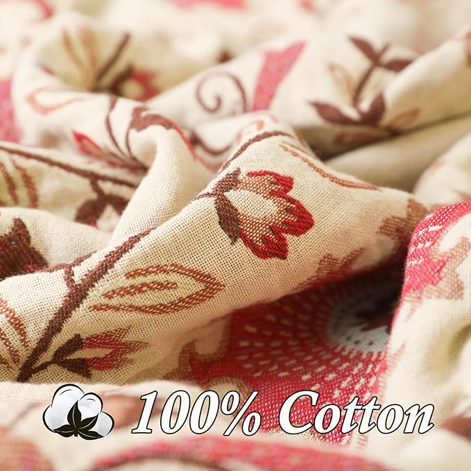 Snycler Boho Throw Blanket for Bed - 100% Cotton Ultra Soft Rustic Quilt - Pink Boho Floral Printed Farmhouse Decor Bed Blankets, 80"×90" All Season Rustic Throw for Sofa Couch Chair-Ruum Studio Home