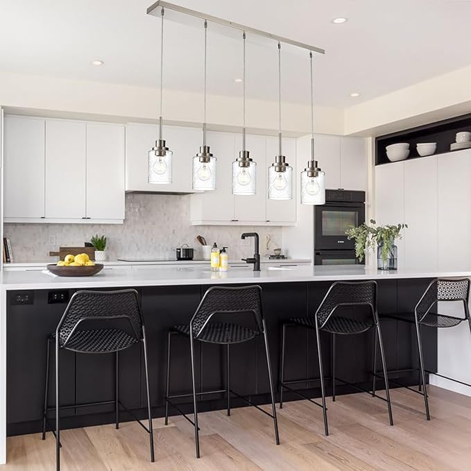 Lighting Contemporary Brushed Nickel Linear Chandelier Pendant Light 5 Lights Clear Seeded Glass Farmhouse Pendant Lighting Modern Dining Room Light Fixture for Living Room Kitchen Island-Ruum Studio Home