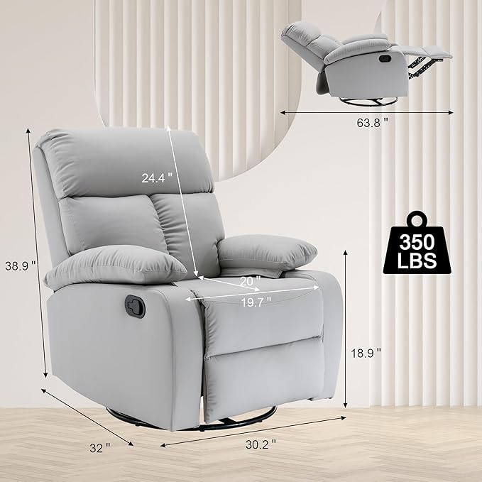 Swivel Rocker Recliner, Rocking Recliner Chair, Small Rocker Recliners for Small Spaces, Living Room, Bedroom, Nursery, RV, Light Grey-Ruum Studio Home