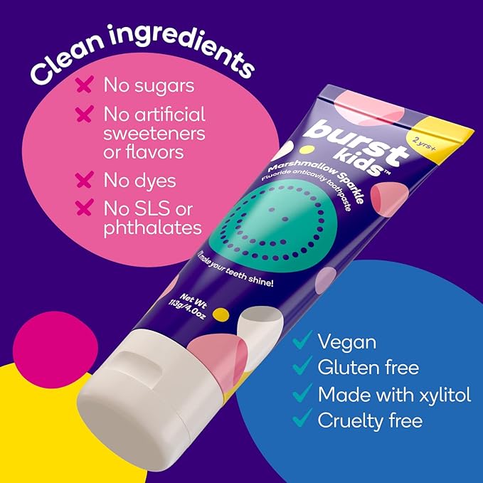 BURST Bubblegum Bonanza Kids Toothpaste with Fluoride (4oz) | Great Tasting | Flavored for Children & Toddlers | Anticavity | Dye Free & Vegan | Safe for Kids Ages 2+-Ruum Studio Home
