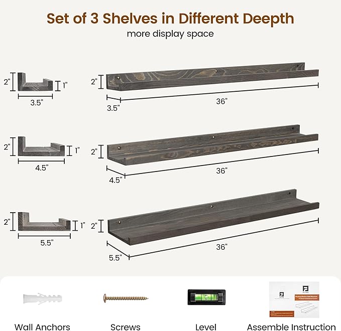 Picture Ledge Wall Shelves - 36 Inch Width Set of 3, Solid Pine Wood Rustic Floating Ledge Shelves for Kids' Room, Bedroom, Kitchen, Bathroom, Living Room, Nursery Display Wall Decor, Grey-Ruum Studio Home