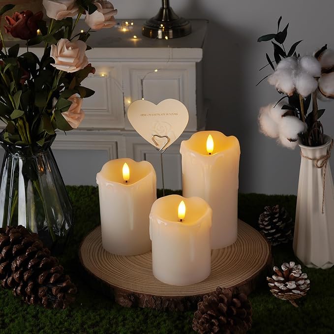 Homemory Dripping Wax Flameless LED Pillar Candles, Battery Operated with Remote Control and Timer, Set of 3, 5" H x 4" W x 6" D-Ruum Studio Home