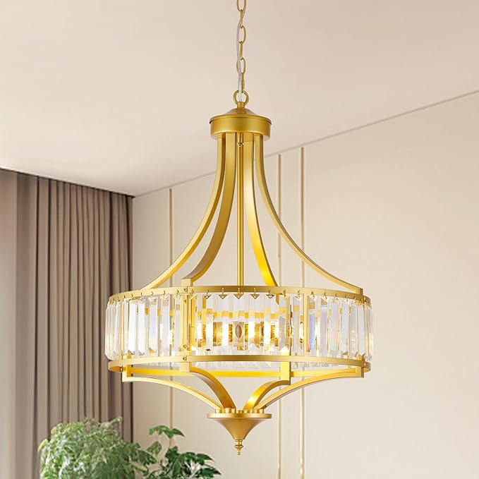 Modern Gold Crystal Chandelier, 20 Inch Large Ceiling Pendant Light Fixture with 50'' Adjustable Hanging Chain, 5-Light Farmhouse Chandelier for Dining Room, Living Room, Bedroom, Entryway-Ruum Studio Home