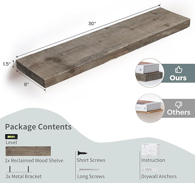 Floating Shelves, 8 Inch Deep Rustic Solid Reclaimed Wood Wall Shelves for Storage, Wall Mounted Display Shelving with Invisible Heavy-Duty Metal Bracket, 30 Inch Width Set of 2, Grey-Ruum Studio Home