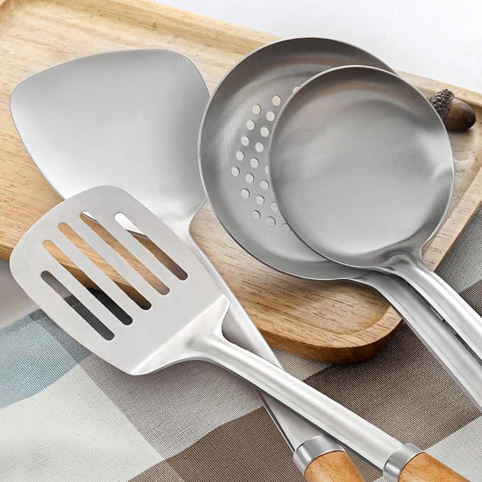 Pleafind 4-Pcs Cooking Utensils Set, Stainless Steel Kitchen Utensils with Wooden Hanlde, Kitchen Essentials Set Include Wok Ladle, Slotted Spoon, Wok Spatula and Slotted Spatula, Dishwasher Safe-Ruum Studio Home