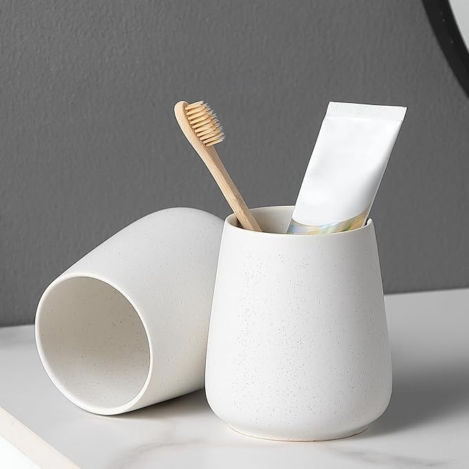 Speckled White Ceramic Toothbrush Holder - Bathroom Tooth Brushing Holders, Toothbrush Cup, Toothpaste Organizer for Bathroom Countertop, Makeup Brush Holder, Pen Holder for Home Desktop Storage-Ruum Studio Home