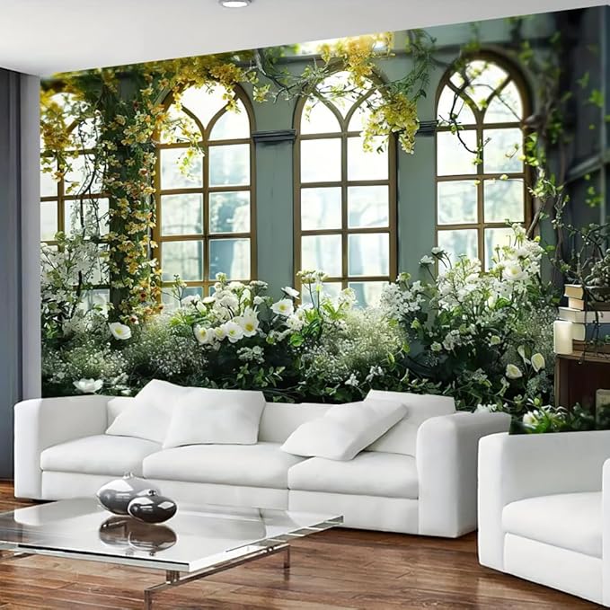 FENDROM Window View White Flower Tapestry Nature Landscape Classic Flower Vine Wall Hanging Party Decorations For Bedroom Living Room Dorm-Ruum Studio Home