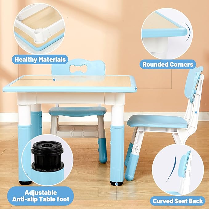 FUNLIO Kids Table and 4 Chairs Set, Height Adjustable Toddler Table and Chair Set for Ages 3-8, Easy to Wipe Arts & Crafts Table, for Classrooms/Daycares/Homes, CPC & CE Approved (5-Piece Set) - Blue-Ruum Studio Home