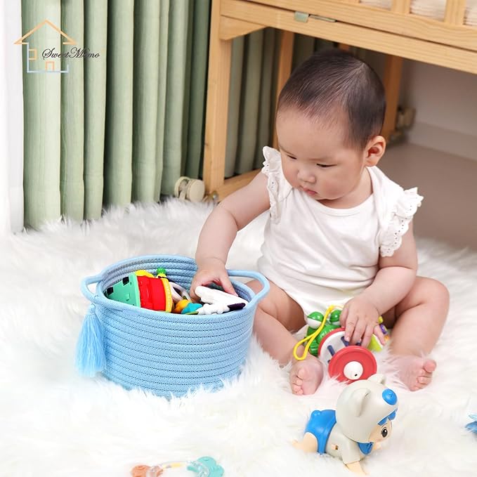 Empty Gift Basket Mini Woven Rope Organizer Baskets for Baby Shower, Vanity, Makeup Brushes, Bathroom, Shelves, Desk - Small Decorative Storage Bins - Set of 2, Pre-Shaped, Soft Blue-Ruum Studio Home