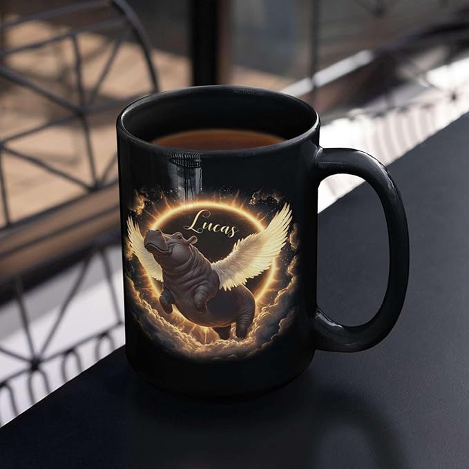 Personalized Choose Name Coffee Mug, Custom Hippo Ceramic Coffee Cup 11oz 15oz, Fantasy Animal Black Cup for Kids, Custom Whimsical Hippo with Wings Mug, Gifts for Holiday-Ruum Studio Home