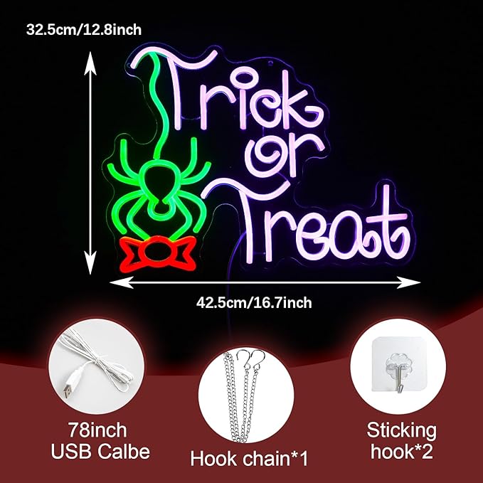 Trick Or Treat Neon Sign Funny Spider Candy LED Neon Light for Wall Decor Dimmable USB Halloween Light Up Sign for Halloween Party Home Neon Decor (16.7 * 12.8In)-Ruum Studio Home