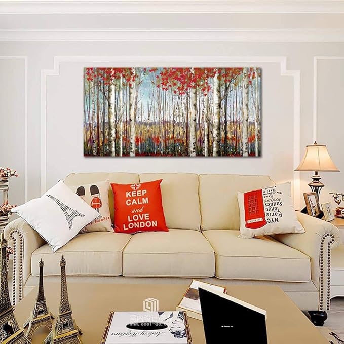 Canvas Wall Art for Living Room Bedroom Modern Wall Decor of Red Leaves White Birch Tree Forest Giclee Print Painting Artwork Wall Decoration 24x48 Large Size with Wood Framed Easy to Hang for Home-Ruum Studio Home