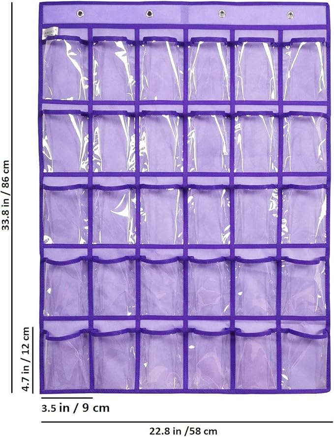 Classroom Pocket Chart for Phone Calculator Holder Over The Door Hanging Closet Jewelry Organizer with 30 Clear Pockets (Purple)-Ruum Studio Home