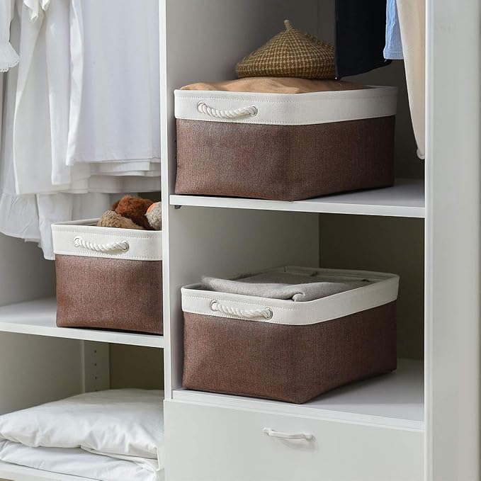 Large Storage Baskets for Shelves, Fabric Baskets for Organizing, Collapsible Storage Bins for Closet, Nursery, Clothes, Home & Office [3-Pack, White&Brown]-Ruum Studio Home