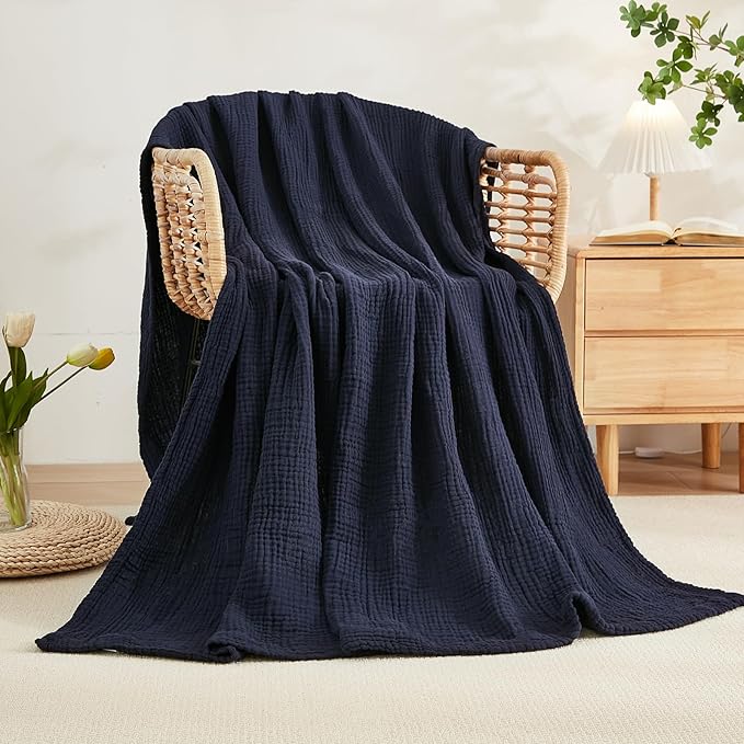 EMME Cotton Throw Blanket for Couch Soft Muslin Blankets 50"x60" Lightweight Breathable Blanket All Season Gauze, Navy-Ruum Studio Home