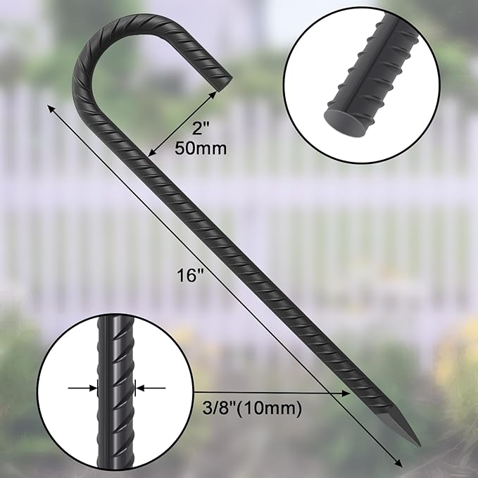 16 Inch Rebar Ground Stakes 24 Pack Heavy Duty J Hook Ground Anchors 3/8 Inch Diameter Steel Rebar Tent Stakes with Chisel Point End for Chain Link Fence, Canopy and Trampoline, Black-Ruum Studio Home