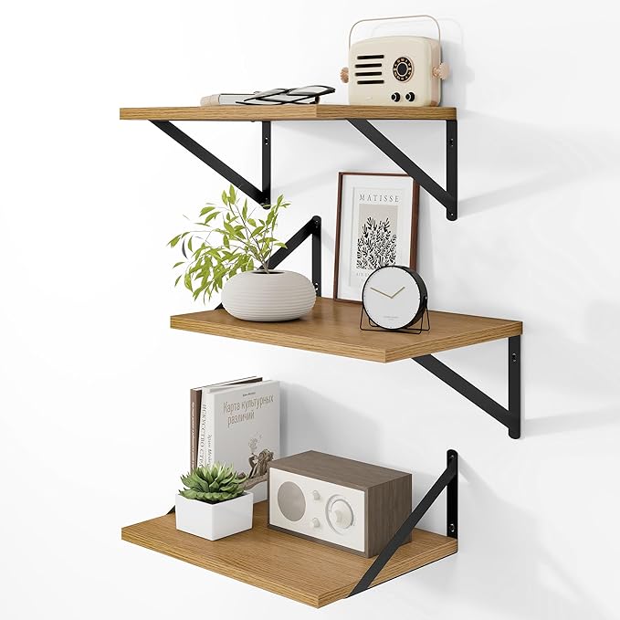 Heimlove Deep Floating Shelves for Wall, 12 Inch Deep Floating Shelves Set of 3, 16W x 12D Wood Wall Shelves, Wide Wood Shelves with Metal Bracket for Living Room, Kitchen, Office, Bedroom - Oak-Ruum Studio Home