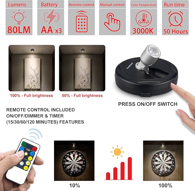 Wireless Spotlight Battery Operated, LED Picture Lights, Stick on Uplighting for Indoor Plant Tree Painting Artwork Portrait Photo Art, Dimmable Accent Puck Light with Remote, 2 Pack-Ruum Studio Home