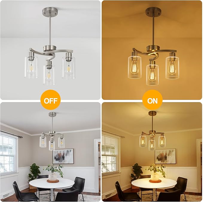3-Light Brushed Nickel Pendant Lighting for Kitchen Island, Hanging Dining Room Light Fixtures Over Table, Industrial Chandelier for Entryway Hallway Foyer Bedroom, Clear Glass Shade-Ruum Studio Home
