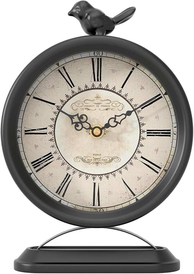 Vintage Table Clock with Bird, European Antique Style Black Mantel Clocks, Desk and Shelf Decor Clock, for Farmhouse, Bedside, Living Room, Bedroom, Gift (9" H x 6.5" W)-Ruum Studio Home