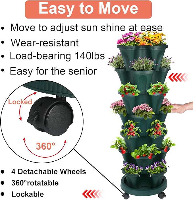Vertical Planter, 7 Tier Stackable Strawberry Planter with Garden Tool Set, Movable Indoor/Outdoor Garden Herb Pot for Growing Vegetables and Succulents, Green-Ruum Studio Home